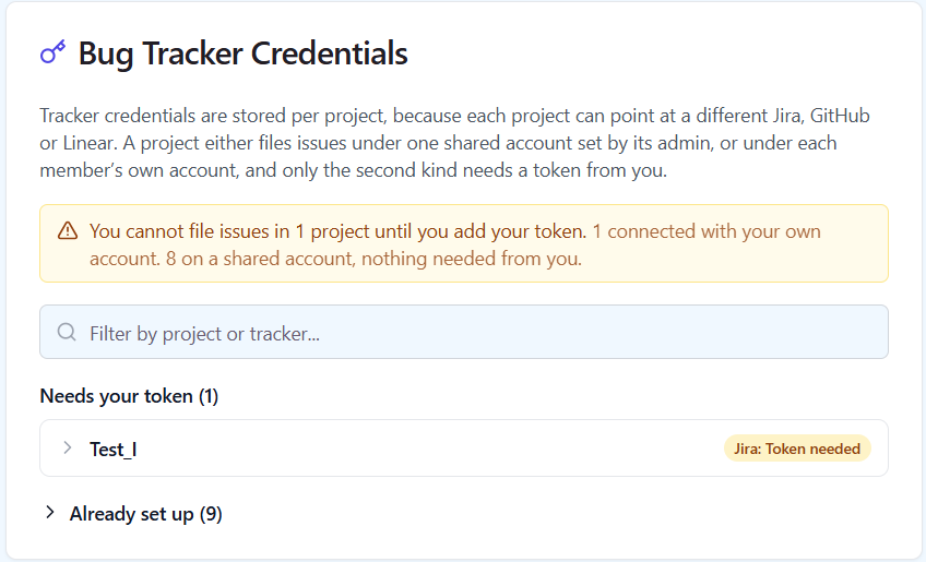 Bug Tracker Credentials in QAM Hub Profile Settings showing a project that still needs a personal token and projects already set up