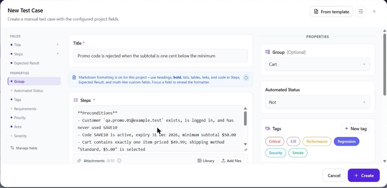 QAM Hub new test case form with the title, a Steps field containing preconditions and numbered steps in Markdown, and properties for group, automated status and tags