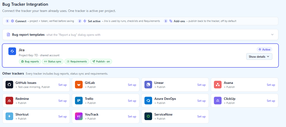Bug Tracker Integration in QAM Hub Project Settings with the connect, set active and add-ons steps and the Jira card