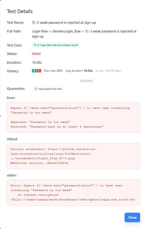 Test details for a failed WebdriverIO test in QAM Hub showing the linked test case TC-3, pass-rate history over four runs, the assertion error, the stack trace and a failure screenshot link in stdout