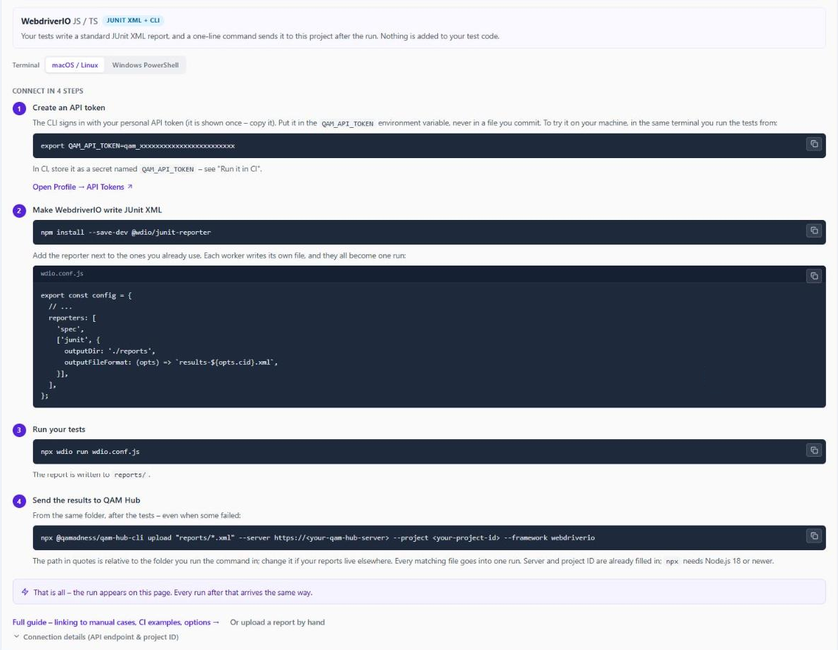 QAM Hub in-app setup guide for WebdriverIO: create an API token, install @wdio/junit-reporter, add it to wdio.conf.js with outputDir and outputFileFormat, run npx wdio, upload reports/*.xml with the qam-hub CLI and --framework webdriverio
