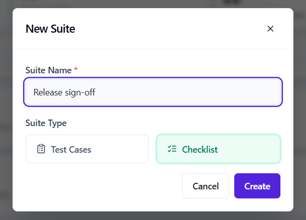 New Suite dialog in QAM Hub with the suite name filled in and the Checklist suite type selected