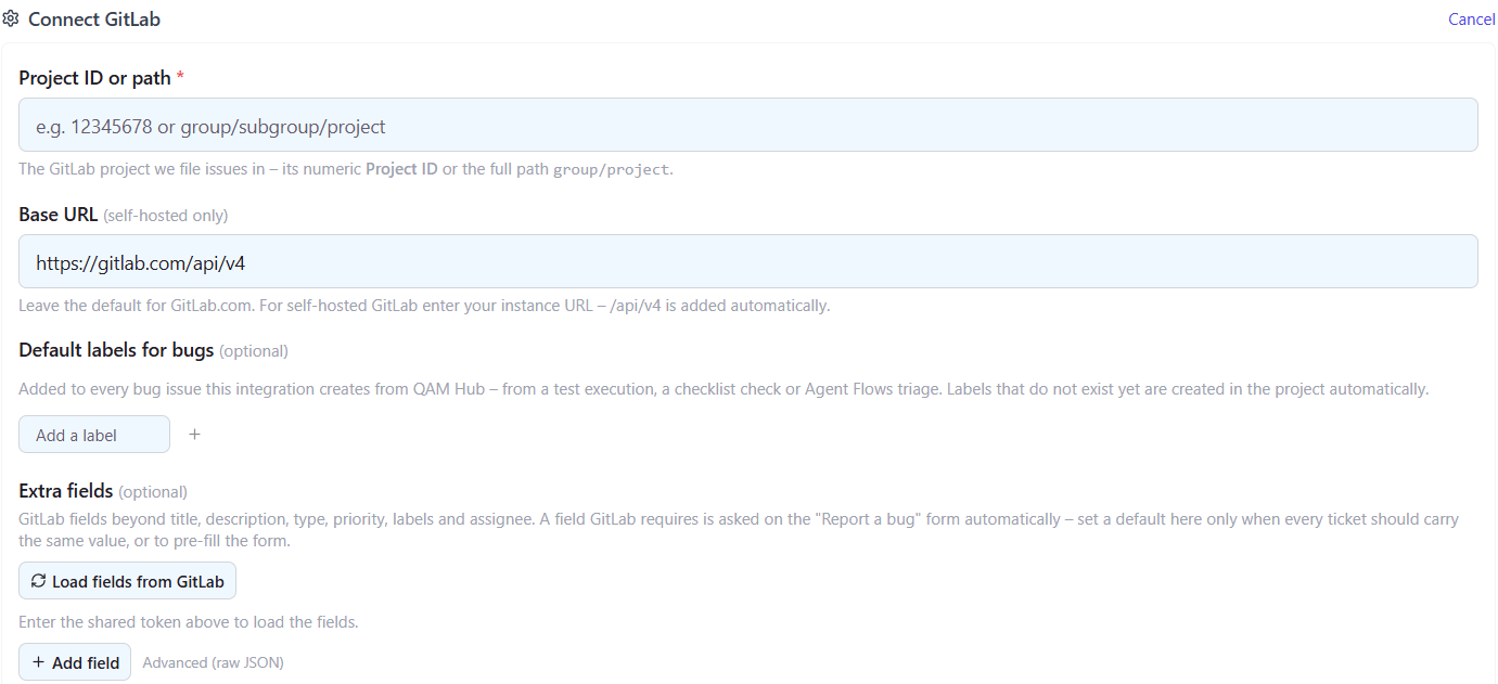 Connect GitLab form in QAM Hub with the project ID or path, the Base URL for self-hosted GitLab, default labels and extra fields
