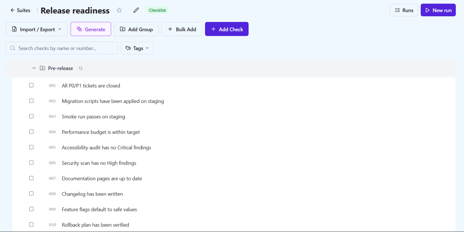 A Release readiness checklist suite in QAM Hub with a Pre-release group of numbered checks and the Import, Generate, Add Group, Bulk Add and Add Check buttons