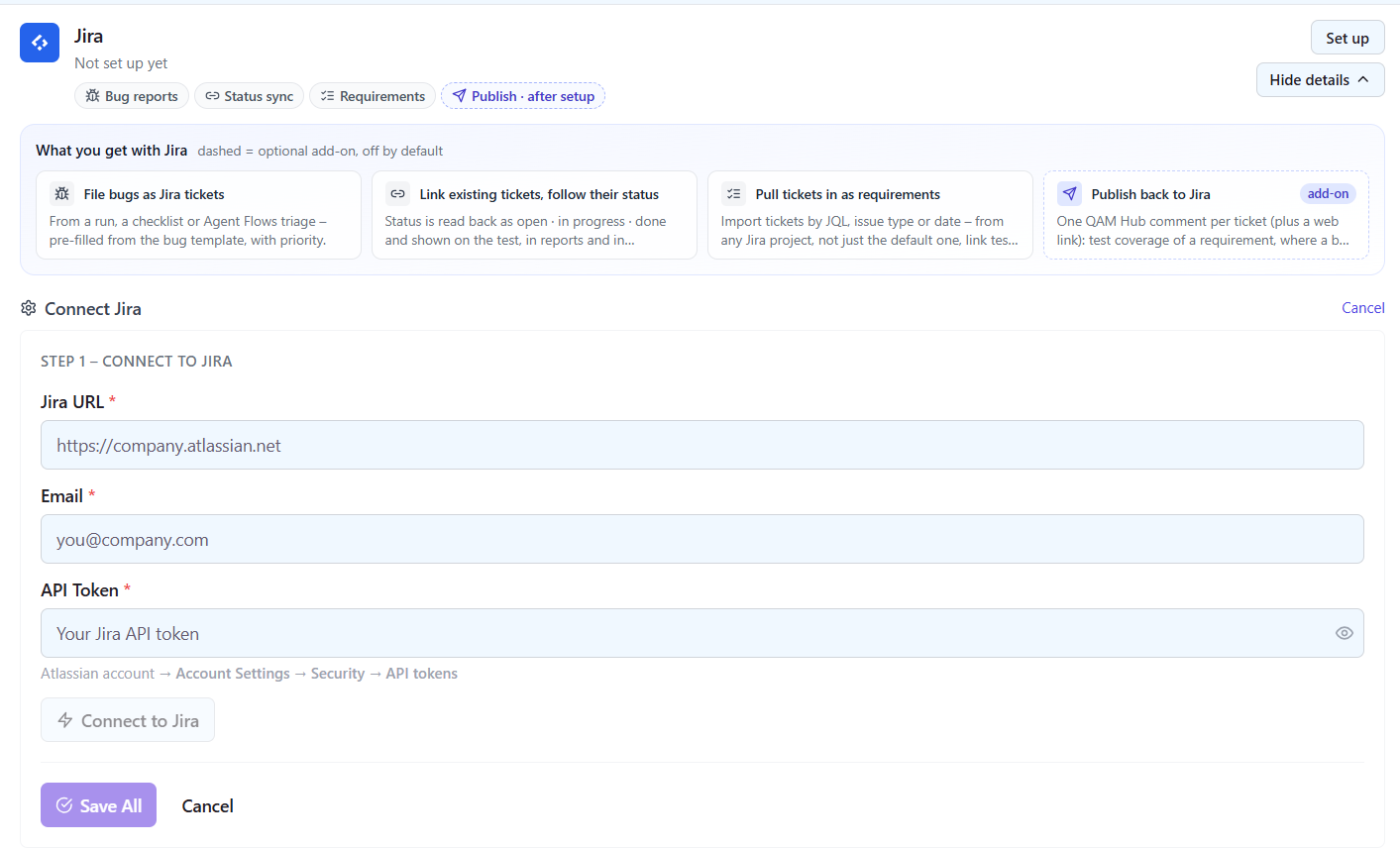 Connect Jira form in QAM Hub with fields for Jira URL, email and API token, and the list of what the Jira integration provides