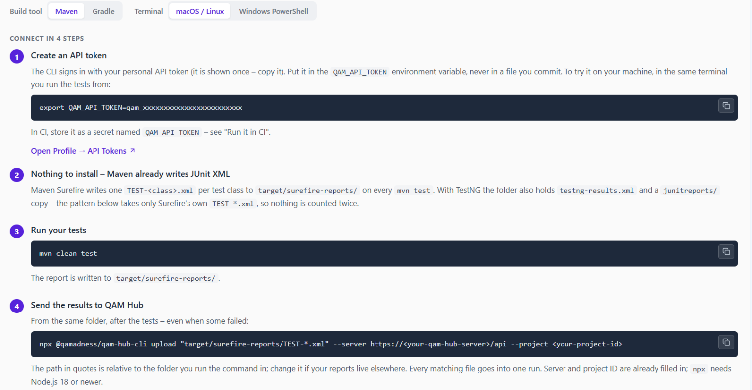 QAM Hub setup guide for Selenium with TestNG and Maven: create an API token, Maven Surefire already writes JUnit XML, run mvn clean test, upload target/surefire-reports/TEST-*.xml with the qam-hub CLI