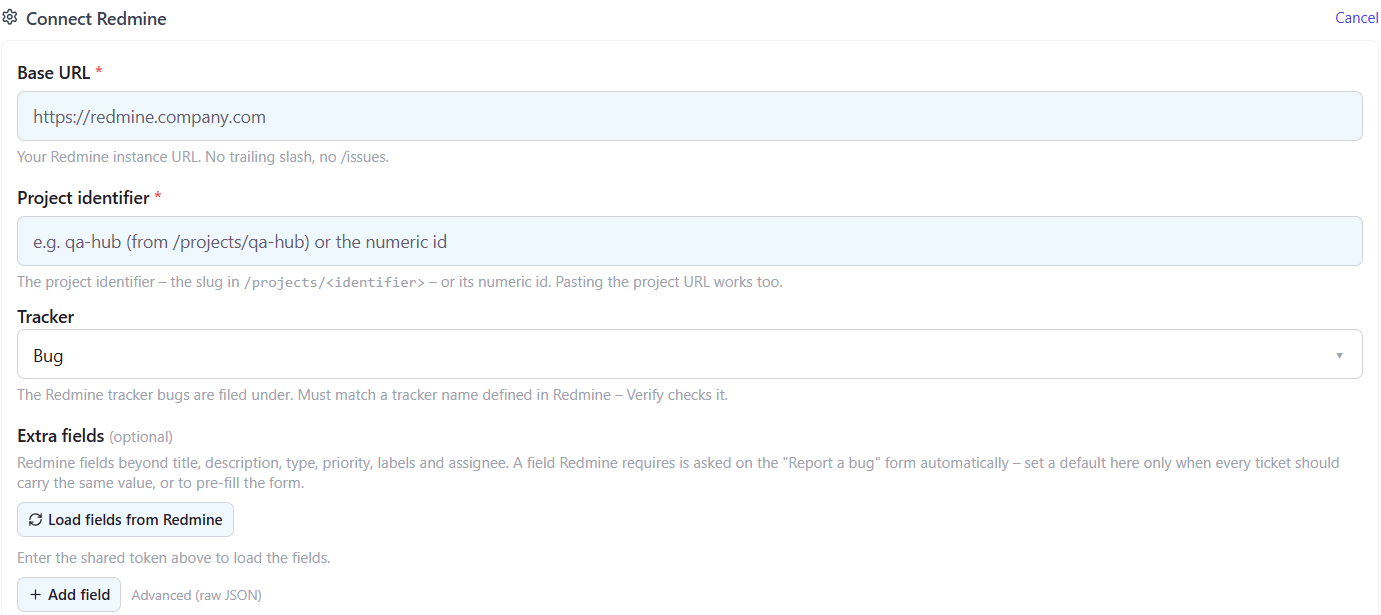 Connect Redmine form in QAM Hub with the Base URL, project identifier, tracker for new bugs, credential mode and API access key