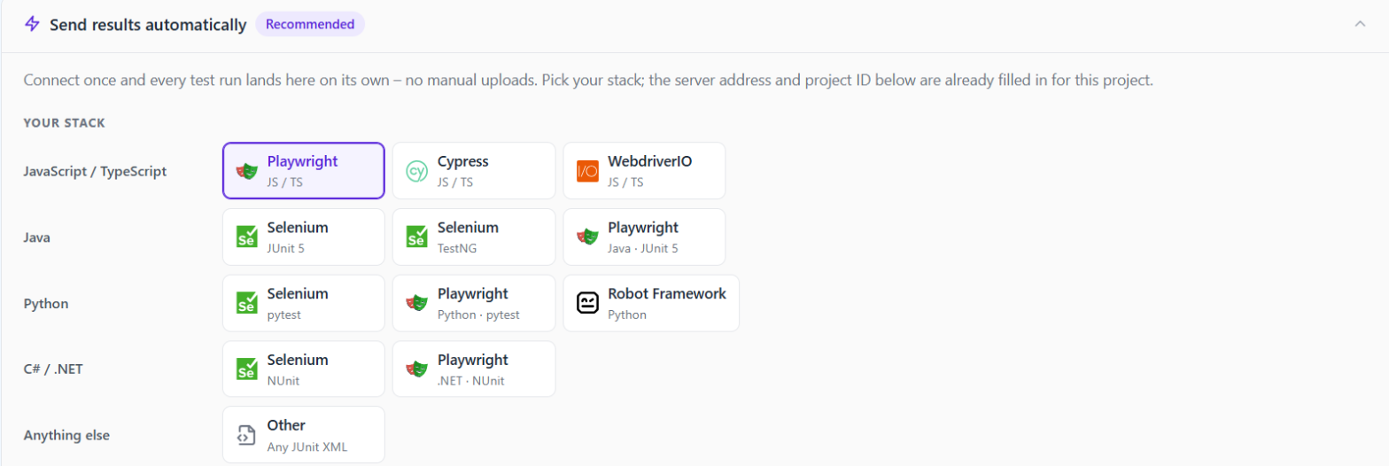Send results automatically guide on the QAM Hub Automation page with stacks for JavaScript, Java, Python, .NET and any JUnit XML