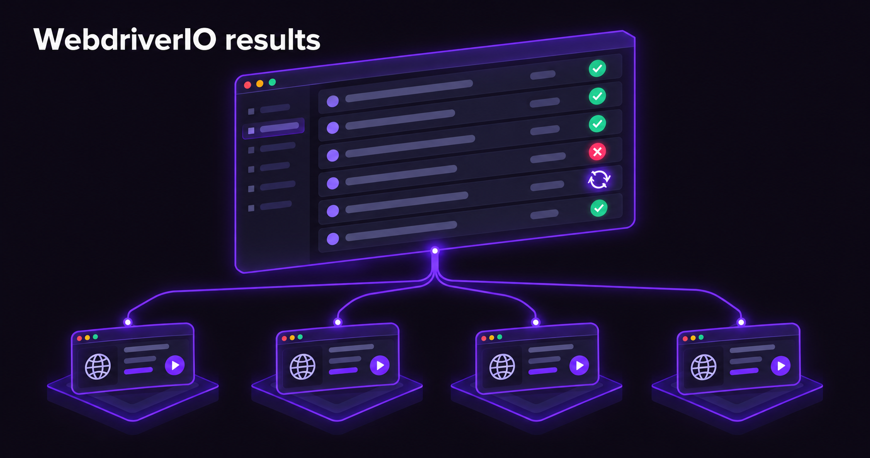 Four WebdriverIO worker panels sending result lines into one central test management board with pass, fail and retry markers