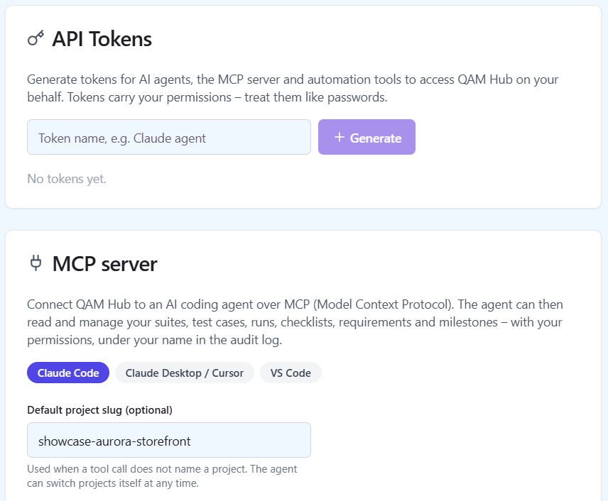 QAM Hub Profile Settings, API and MCP section with the API Tokens card and the MCP server card with client tabs for Claude Code, Claude Desktop or Cursor, and VS Code