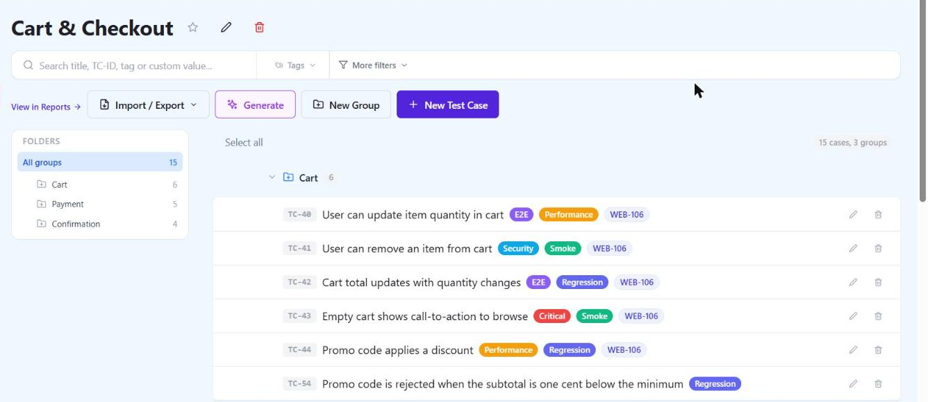 Cart & Checkout suite in QAM Hub listing six test cases with IDs, titles and tags, the last one titled "Promo code is rejected when the subtotal is one cent below the minimum"