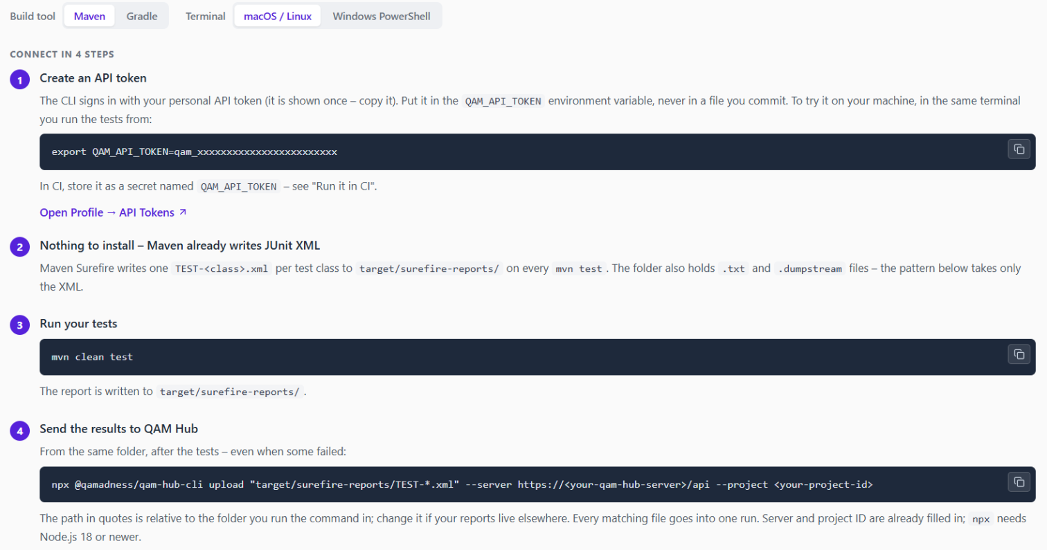 QAM Hub setup steps for Selenium with JUnit 5 and Maven: create an API token, run mvn clean test, upload the Surefire XML with the qam-hub CLI