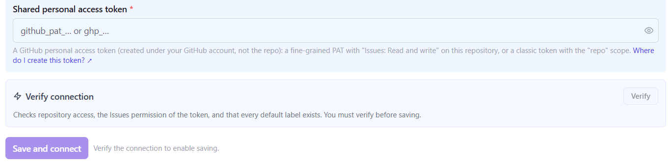 GitHub Issues connection in QAM Hub with the shared personal access token field, the Verify connection step and the Save and connect button