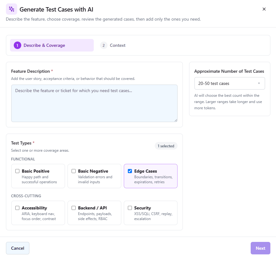 AI test case generation review screen