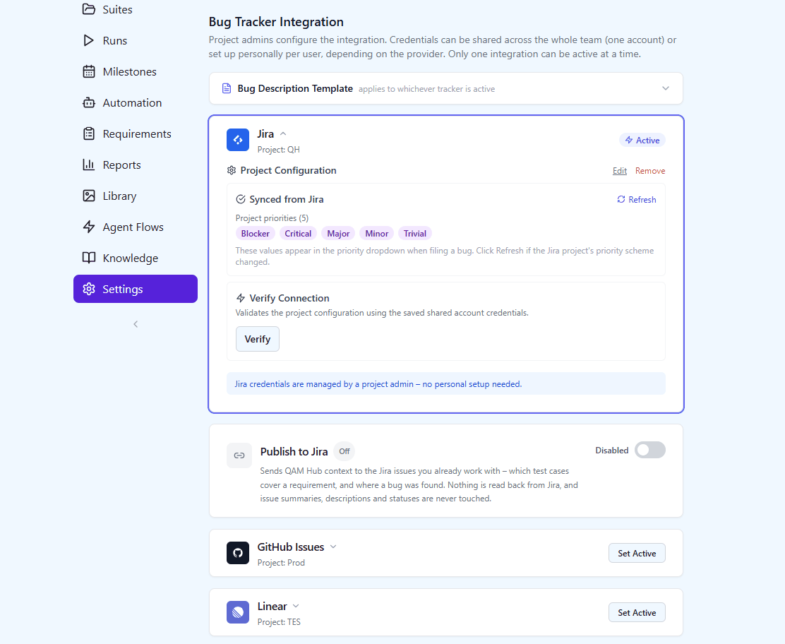 Bug tracker integration settings with Jira active and GitHub Issues and Linear available