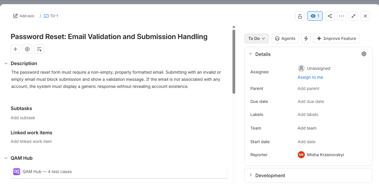Jira issue with the QAM Hub remote link panel showing linked test cases
