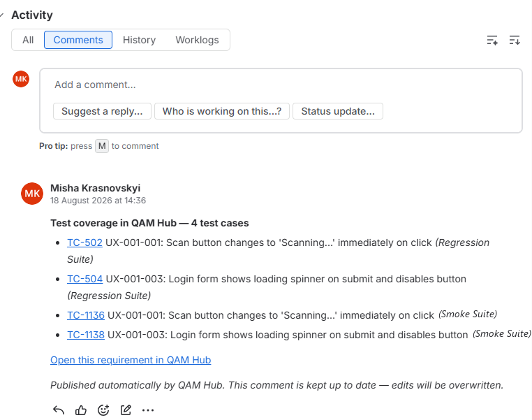QAM Hub comment on a Jira issue listing the covering test cases