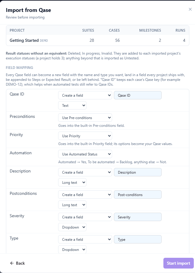 Qase import field mapping with every Qase field routed to a built-in field, a new custom field or skipped