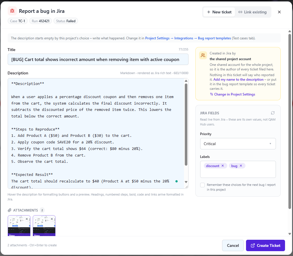 Report a bug in Jira dialog pre-filled from the failed execution, with Jira priority and labels read live and two screenshots attached