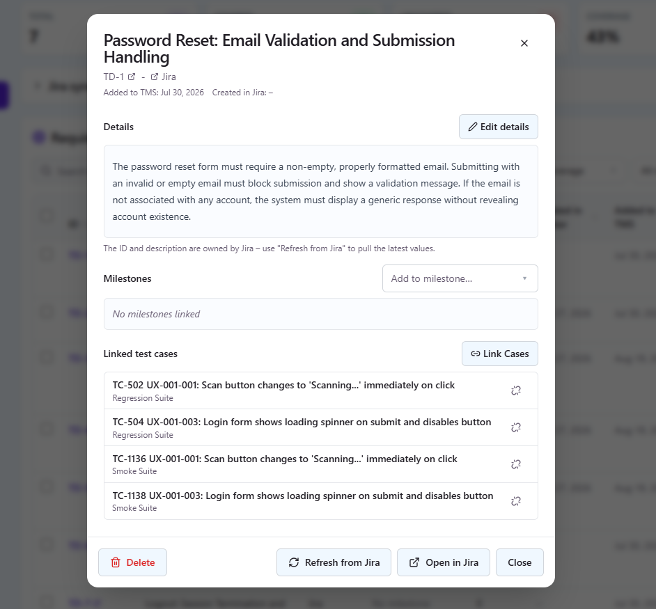 Requirement detail with its Jira description and the linked test cases