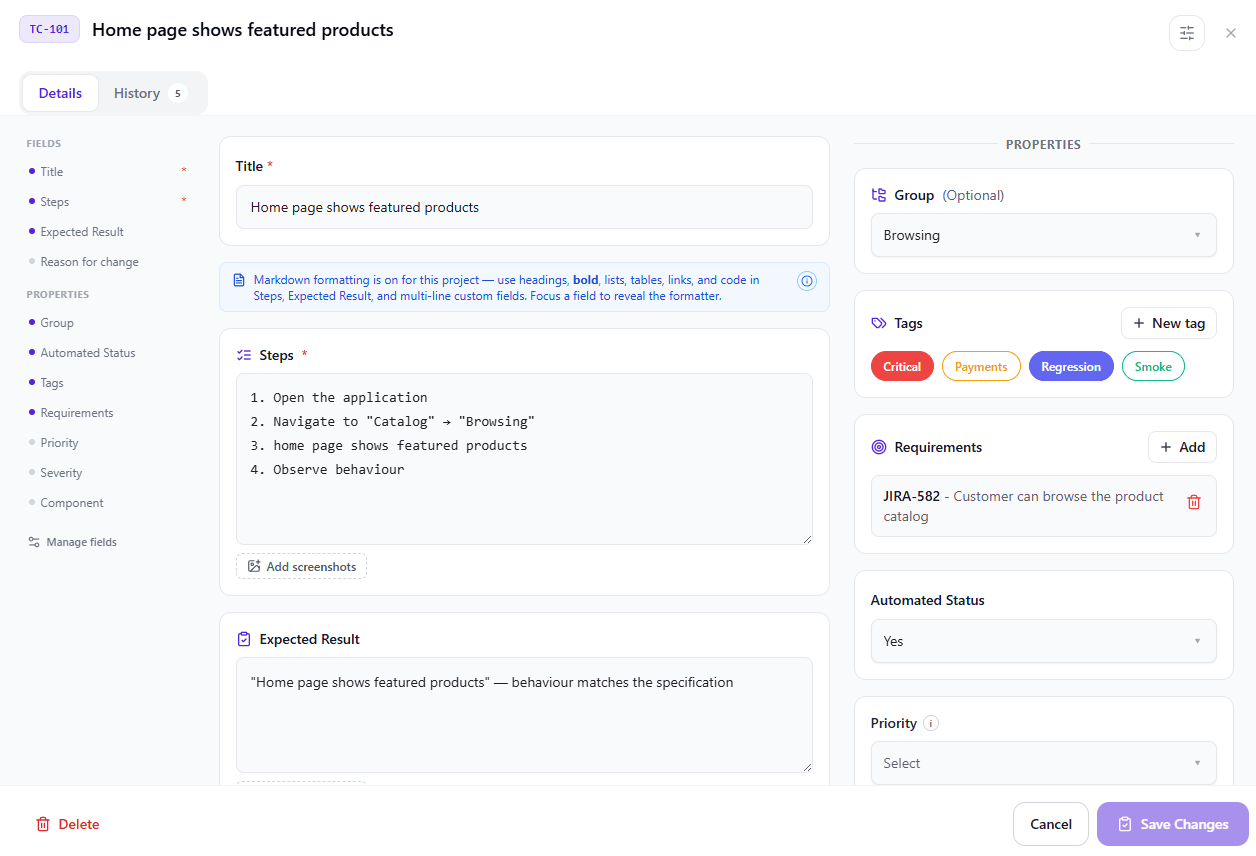 Test case editor with steps, expected results, and attachments