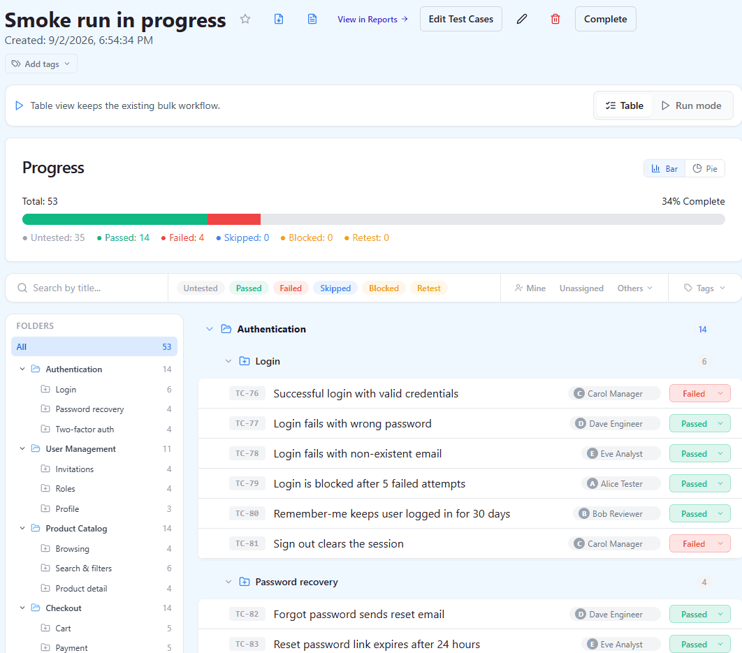 Test run execution view with per-case statuses