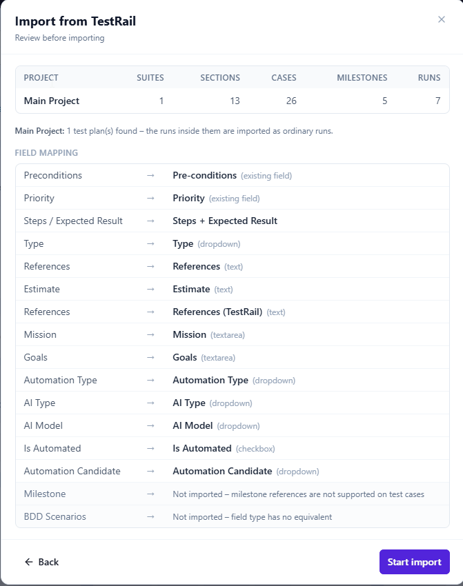TestRail import wizard reviewing the projects, counts and field mapping before importing
