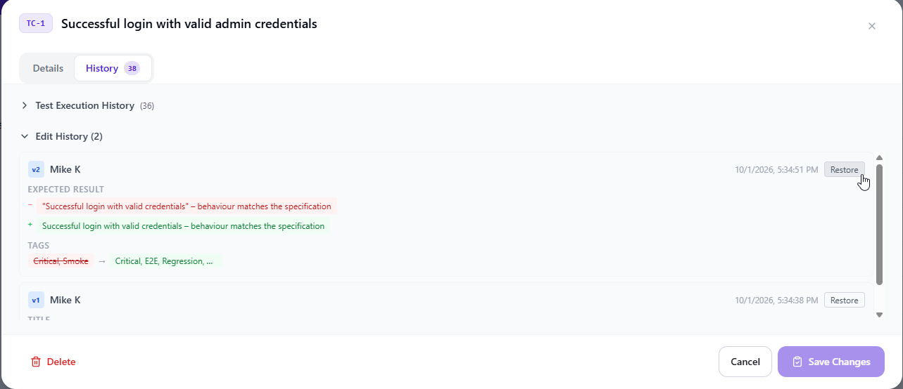 Test case History tab with two versions, the expected result diff, changed tags and a Restore button per version